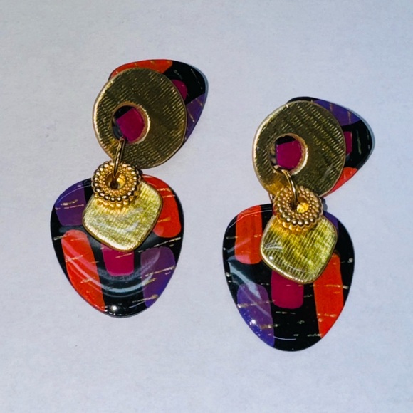 MAM VINTAGE CLIP EARRINGS 80s TEARDROP WITH GOLDEN ACCENTS UNIQUE MADE IN DALLAS - Picture 5 of 7